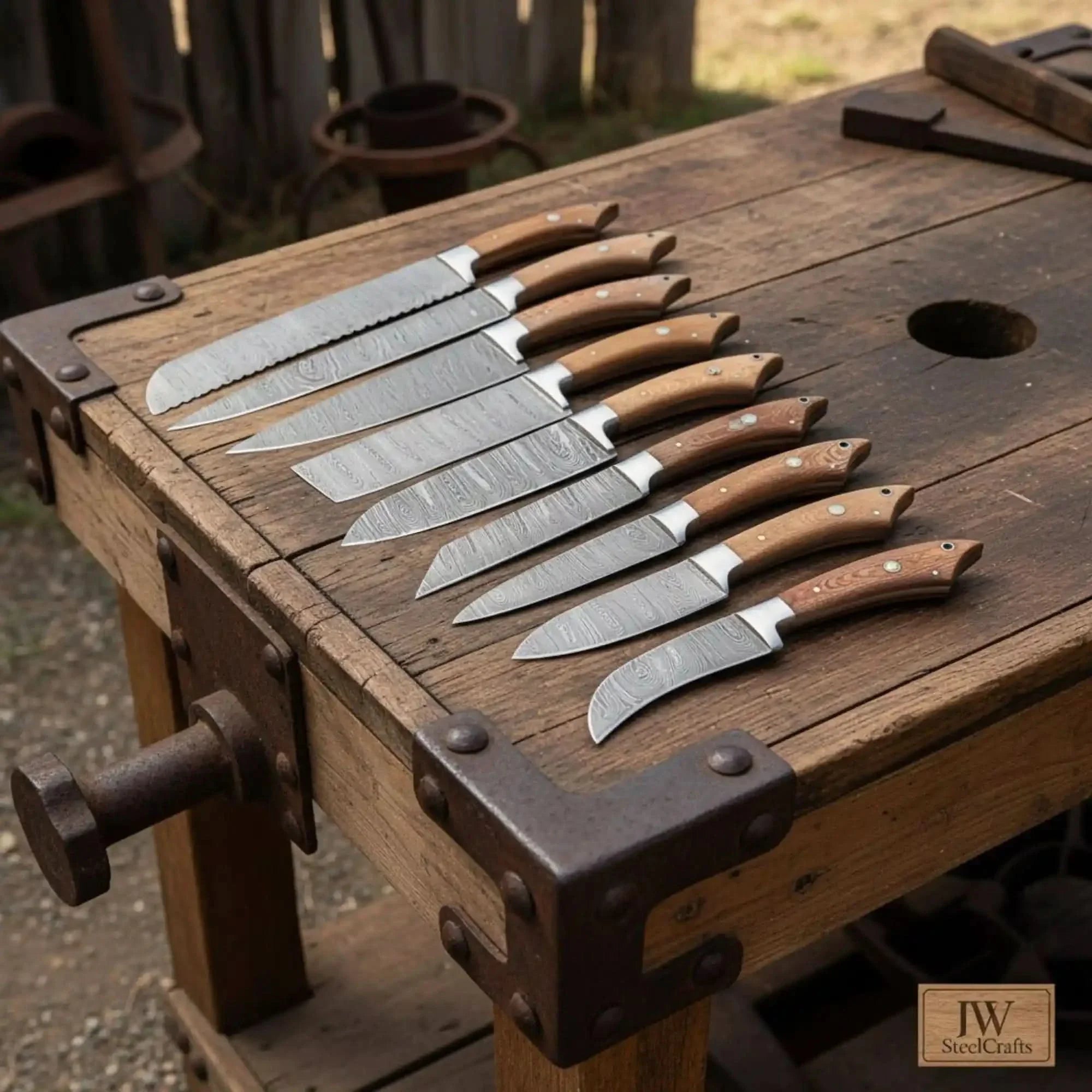 9-Piece Handmade Damascus Kitchen Knife Set with Japanese Blade Profiles and Walnut Wood Handles