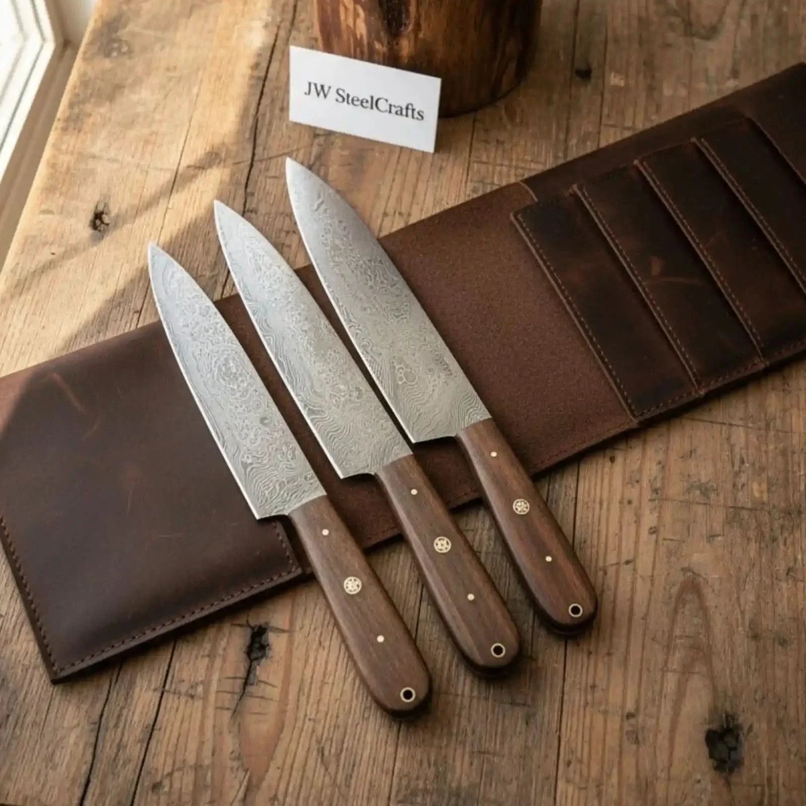 Handmade Damascus Kitchen Knife Set - Chef, Carving, Paring Knives, Walnut Handles