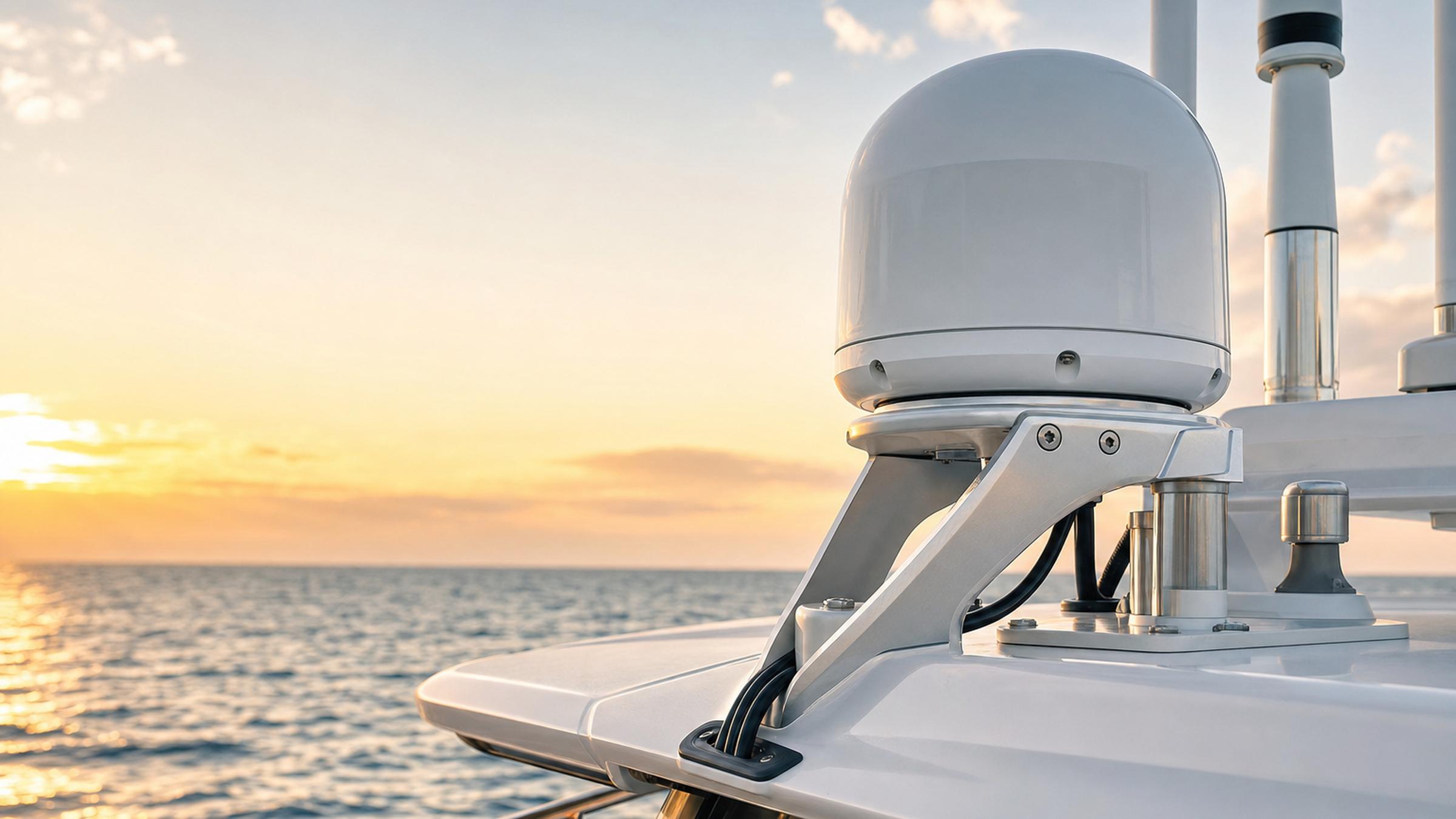 Marine radar dome mounted on an anodized aluminum bracket with watertight cable routing at sunset on open water