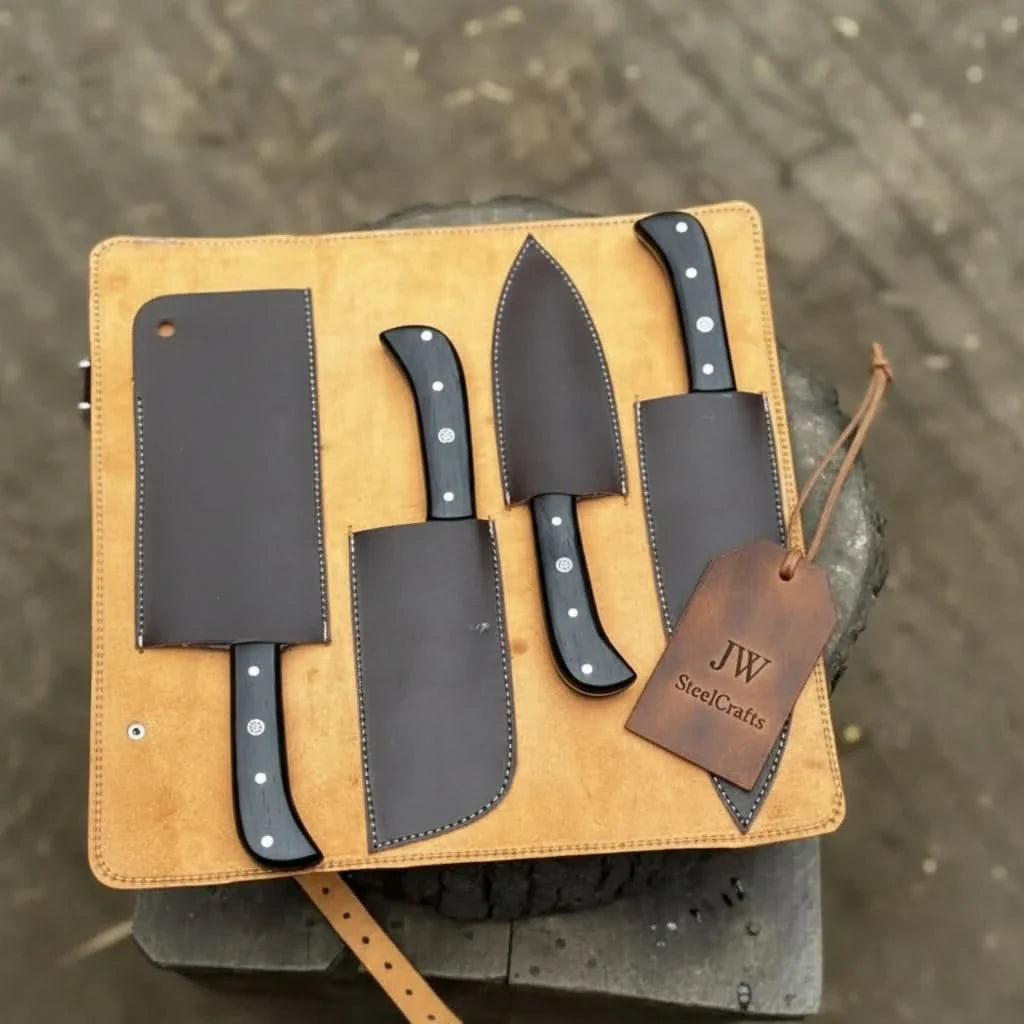 5-Piece Stainless Steel Chef Knife Set with Leather Roll | Ebony Wood Handle Knives
