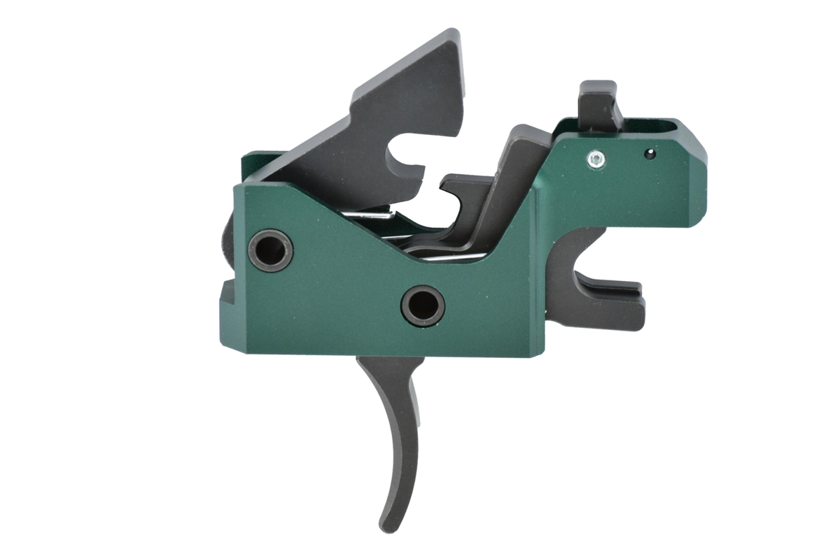 Green drop-in forced reset trigger assembly on a white background