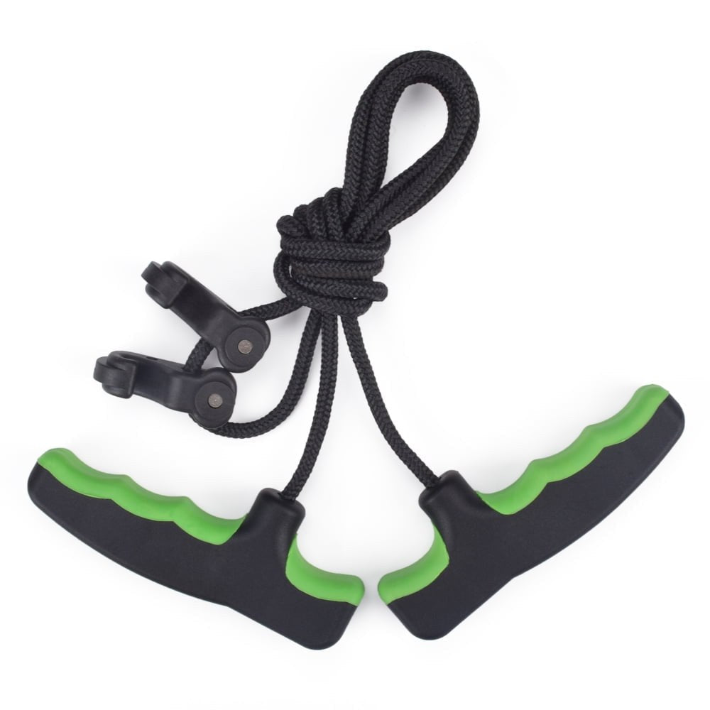 Crossbow cocking rope with two black handles and hooks