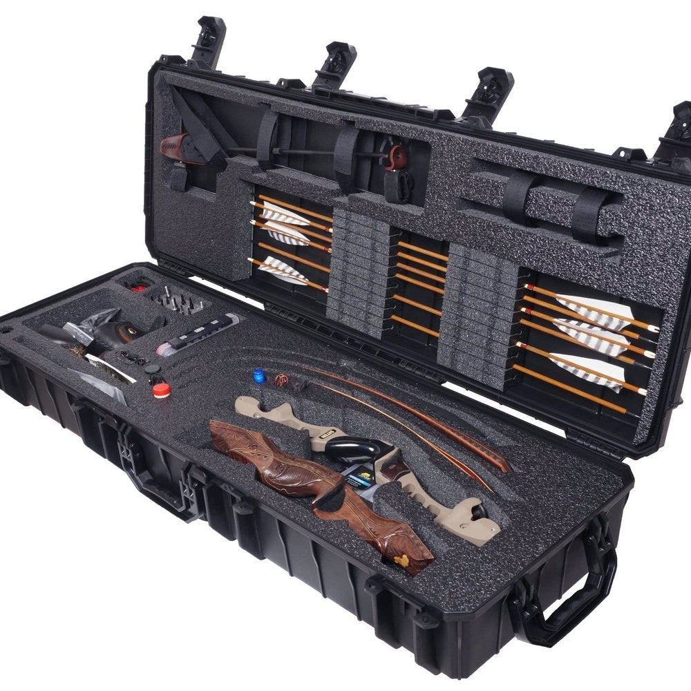 Open hard archery bow case with compartments and arrows