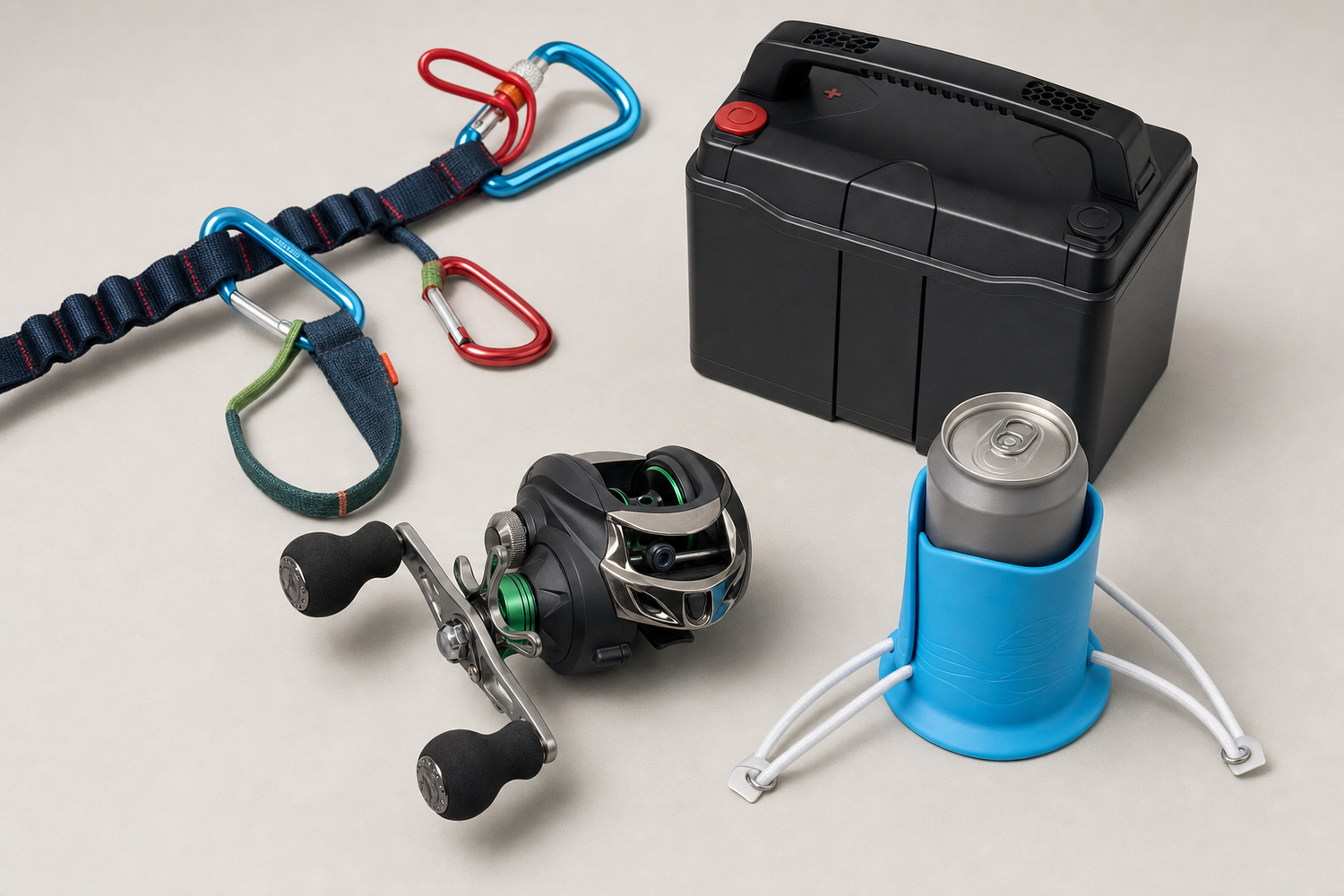 Editorial flat lay photo of four new outdoor brands at Lotz Outdoors: a navy bungie gear strap with carabiners, a matte black lithium battery, a baitcasting fishing reel, and an aqua paddle board cup holder, on a light gray studio background