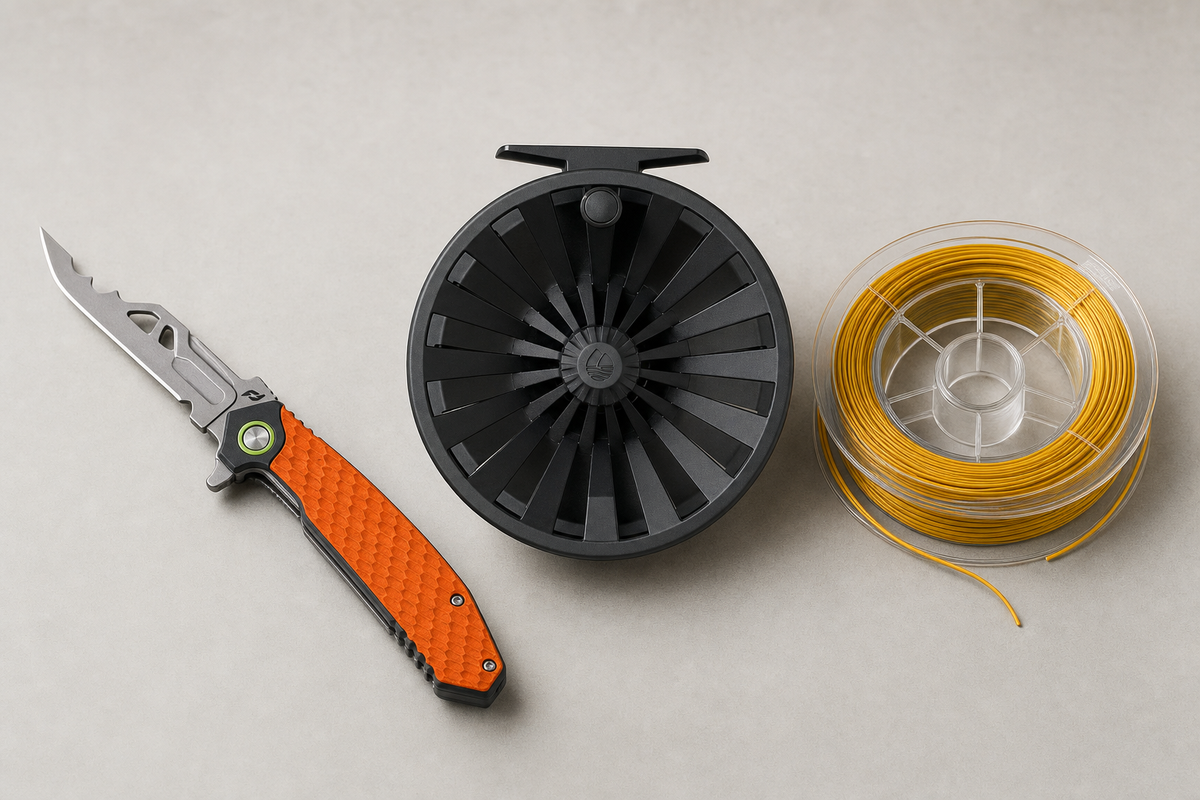Editorial flat-lay of a bowhunting knife, matte black fly reel, and gold fly line spool representing Feradyne Outdoors, Redington, and RIO Products, this week's new brands at Lotz Outdoors.