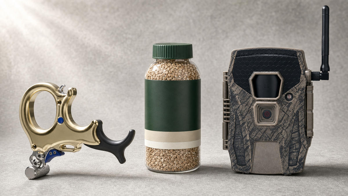 STAN SX4 brass archery release, Odin's Innovations scent beads and Wildgame cellular trail camera on a neutral studio surface, illustrative product composite