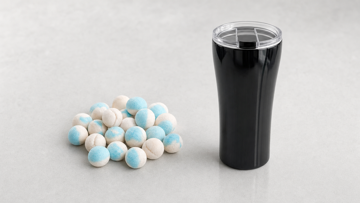 Kelly's Pantry & Pawtry cotton candy taffy bites beside a black Yogi Elements coffee tumbler, illustrative studio composite
