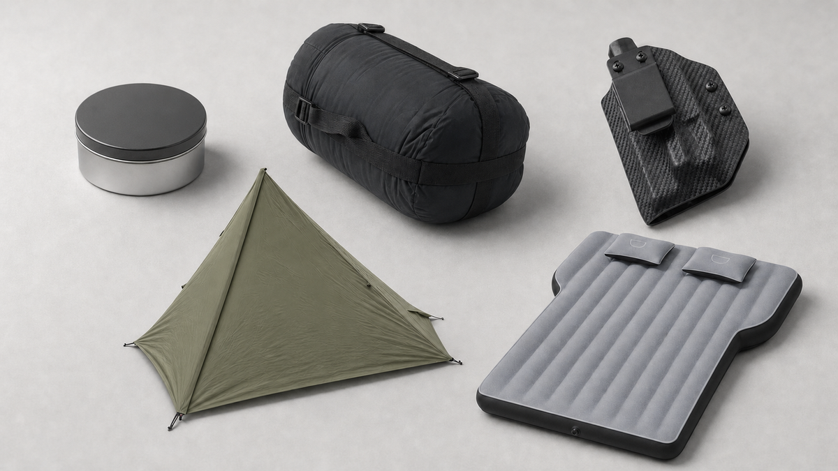 Five-brand outdoor equipment studio illustration with a portable fire-pit tin, compressed sleeping bag, empty holster, trekking-pole tent and vehicle-camping mattress