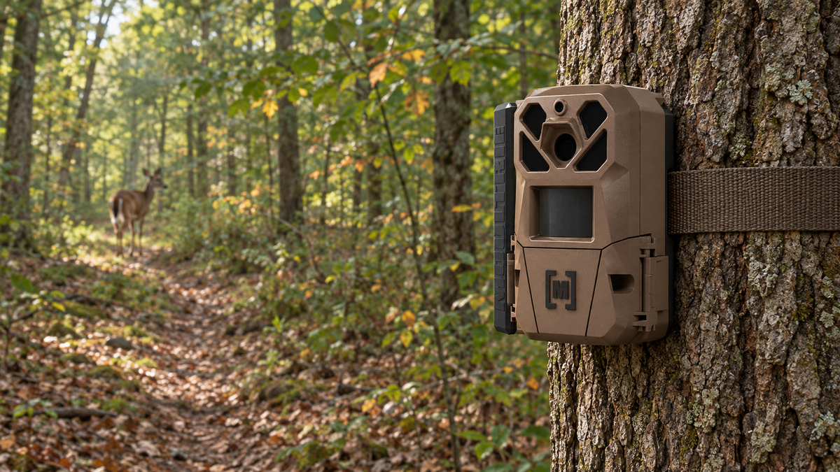 Moultrie EDGE 3 trail camera mounted to a tree beside a woodland trail, with a deer in the background.