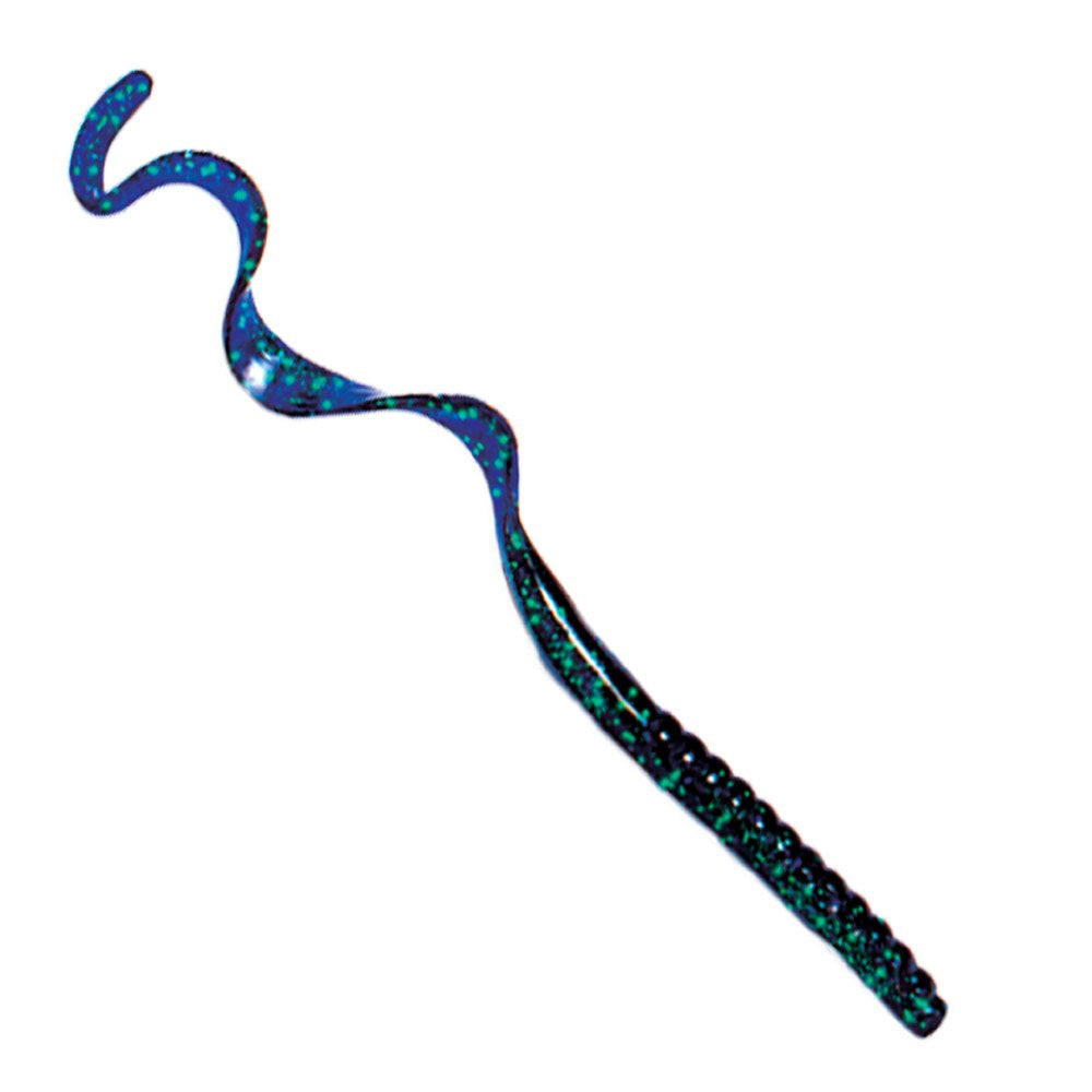 Long curly-tail soft plastic fishing worm on a white background