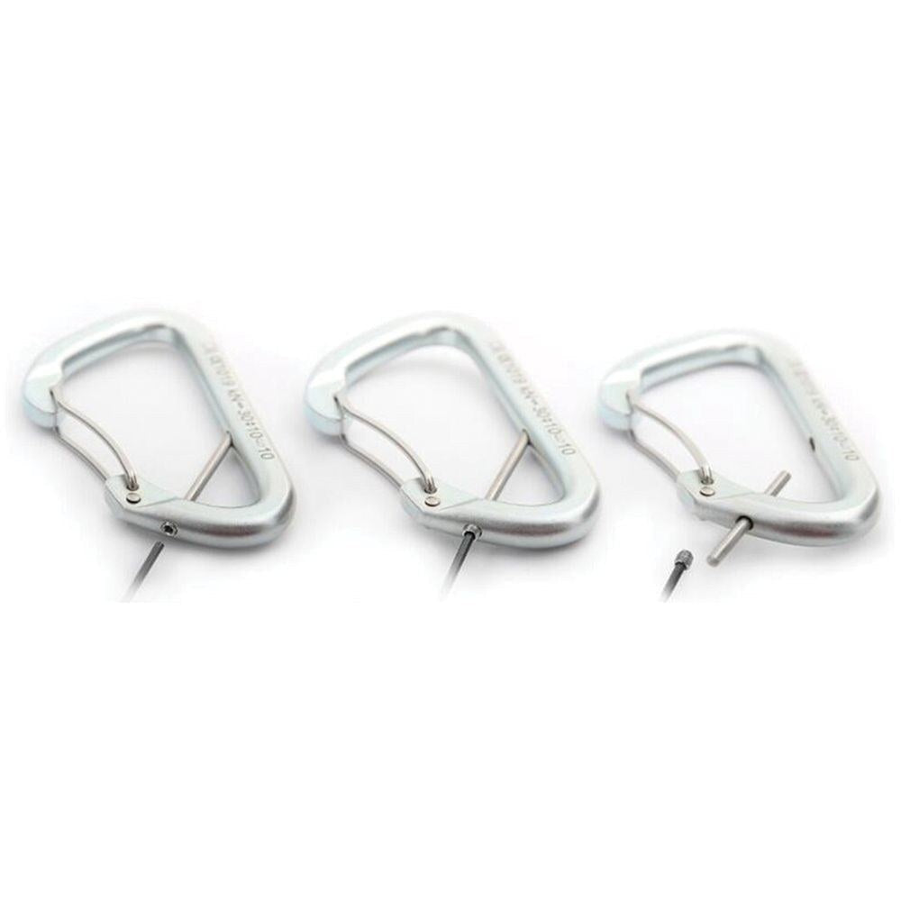 Steel D-shaped carabiner on a plain background