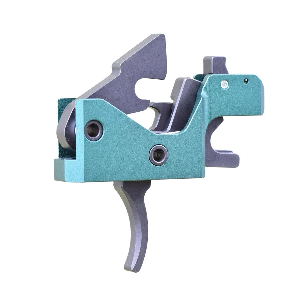 Green drop-in forced reset trigger assembly on a white background