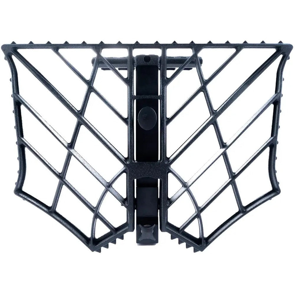 Head on view of a Tethrd Predator V saddle hunting platform showing the aluminum grid and tree bracket