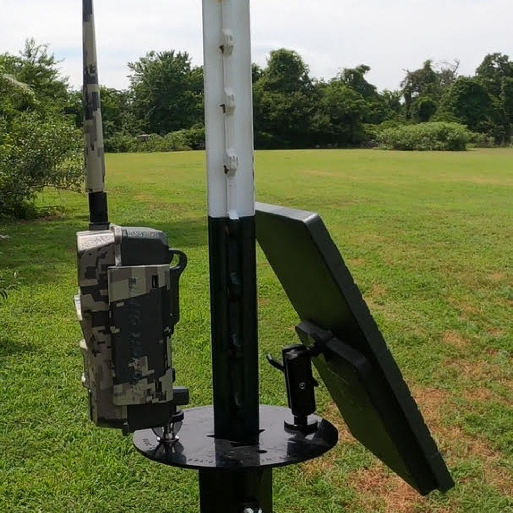 T-post trail camera and solar panel mount installed on a field post