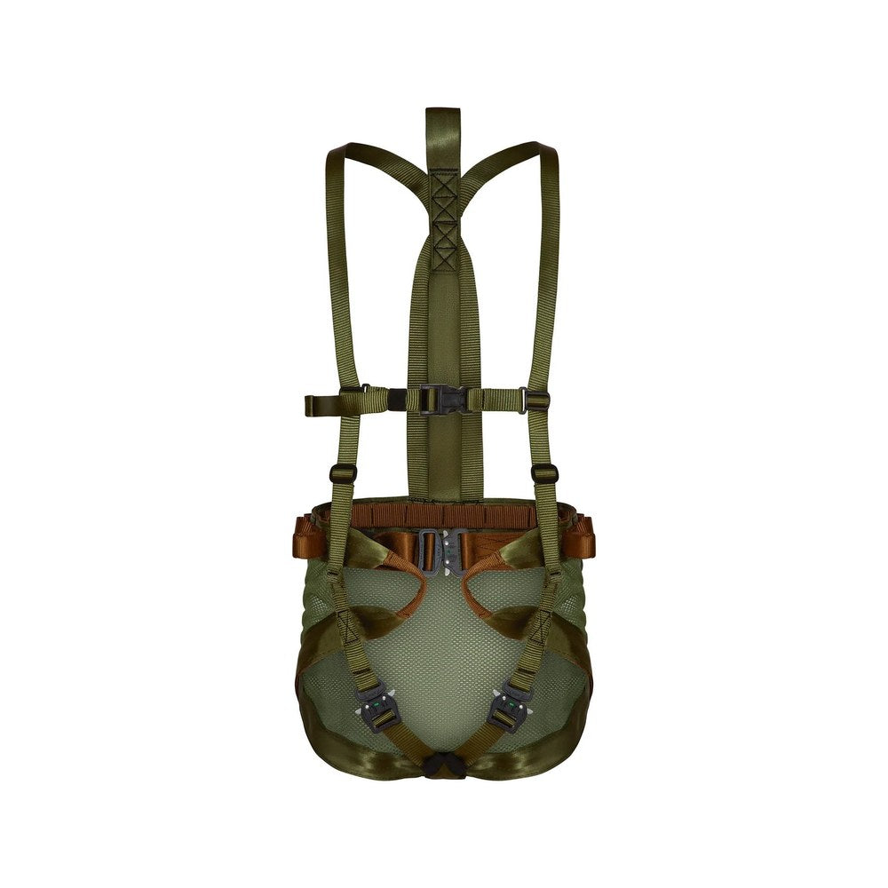 XOP Mondo saddle hunting harness front view showing dual leg straps, waist belt, and shoulder straps
