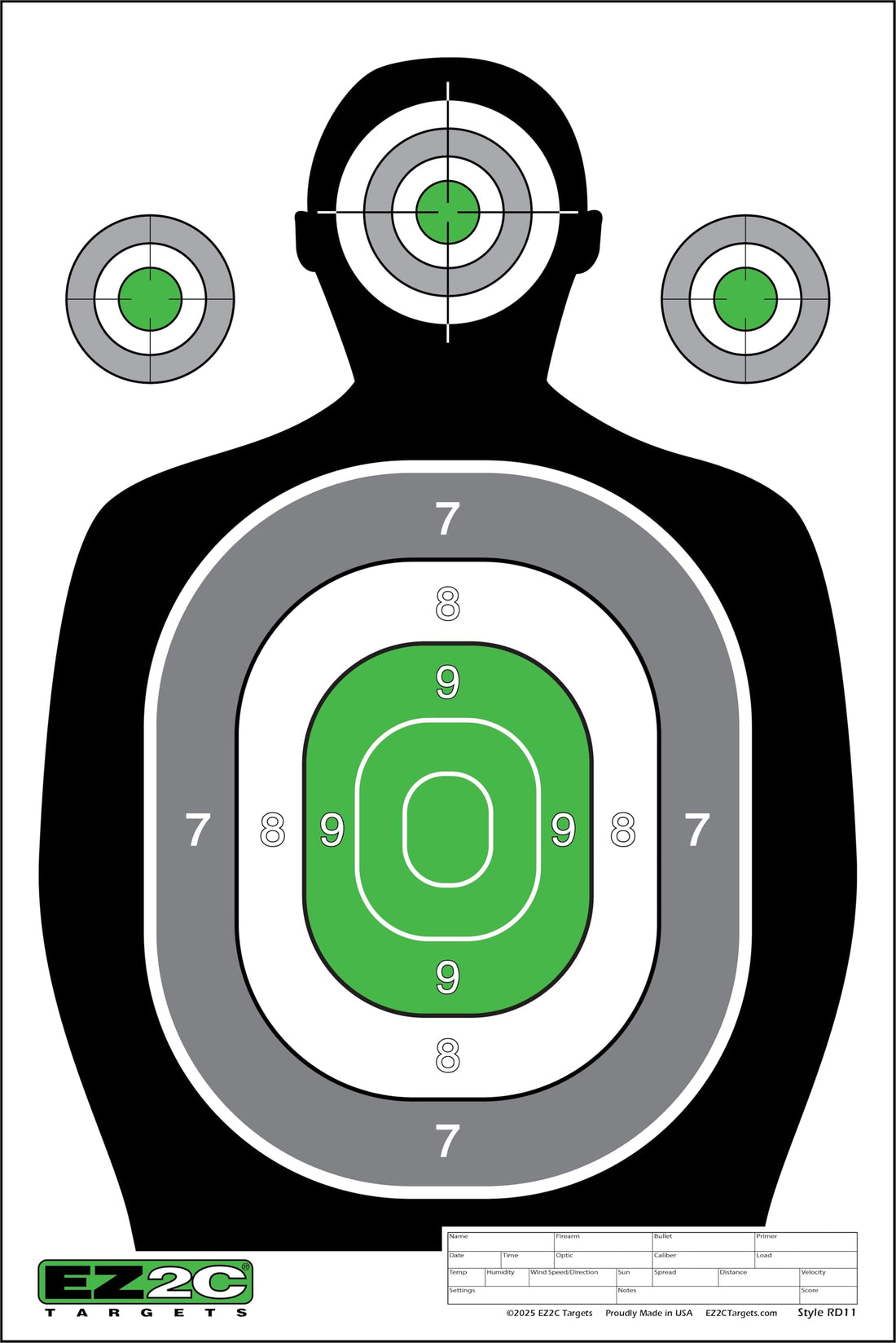 100 EZ2C 12"x18" Green Silhouette Paper Shooting Target, Premium USA Made Peel-Off Pad of 100
