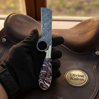 Twist Pattern Bull Cutter Knife with Red Marbled Resin Handle for Ranch Work and Collecting