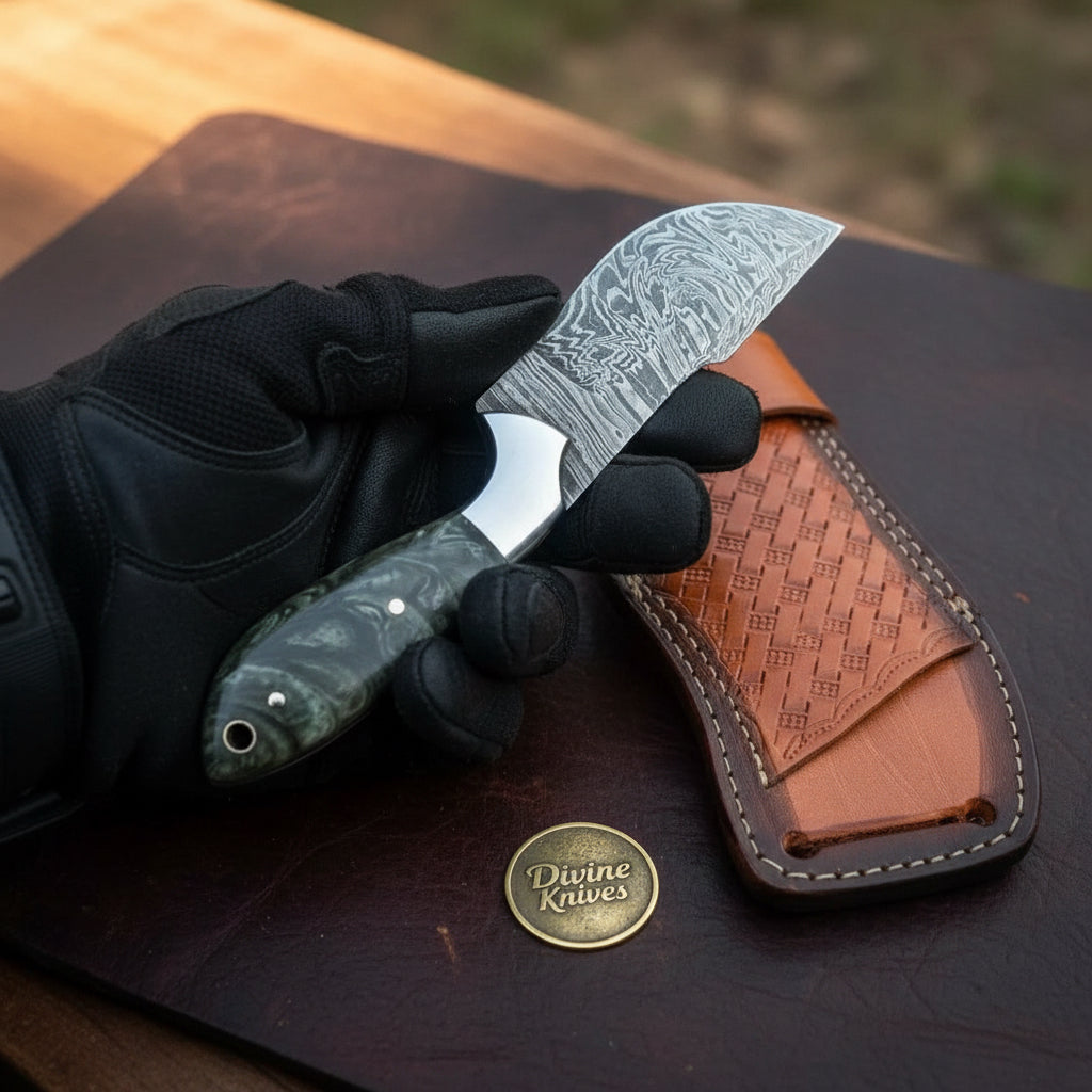 Damascus Charcoal Burl Resin Cowboy Knife with Wood Grain Blade