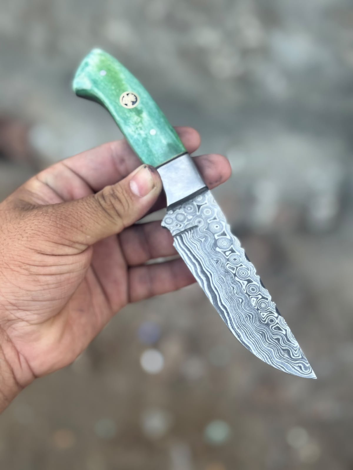 Green Damascus Drop Point Hunter with Mosaic Ricasso Pattern