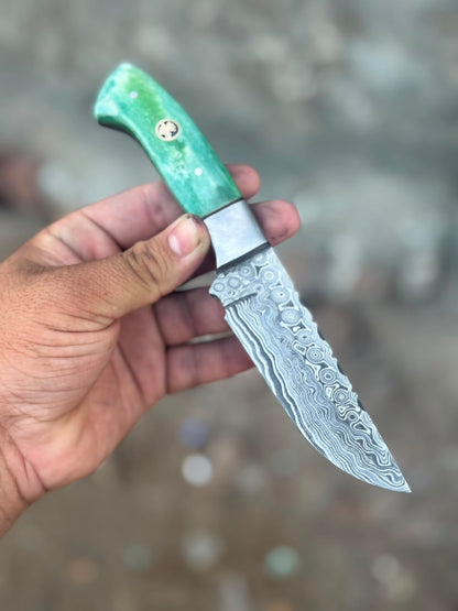Green Damascus Drop Point Hunter with Mosaic Ricasso Pattern