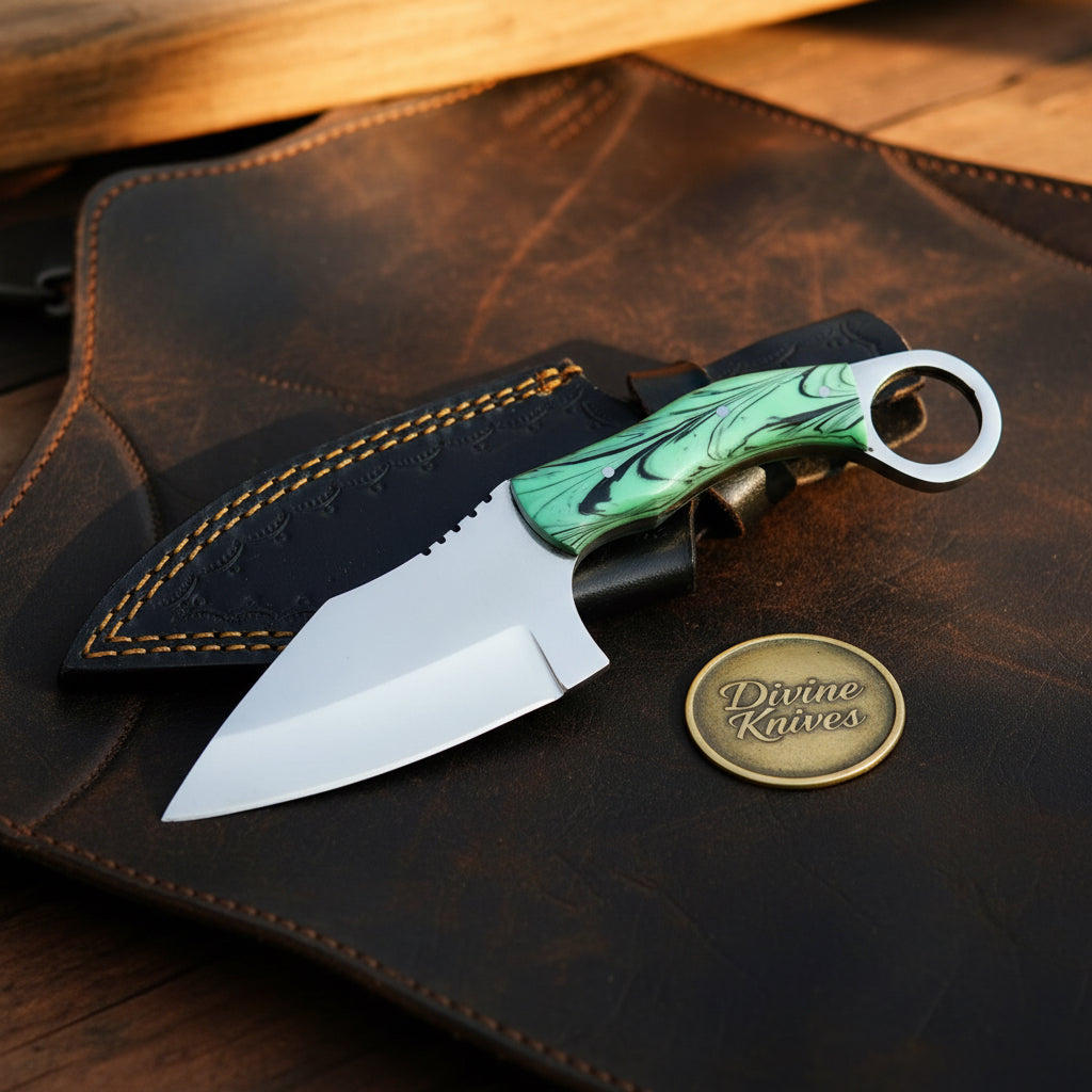 Green Acrylic Ring Skinner Knife with Forged Steel Ring