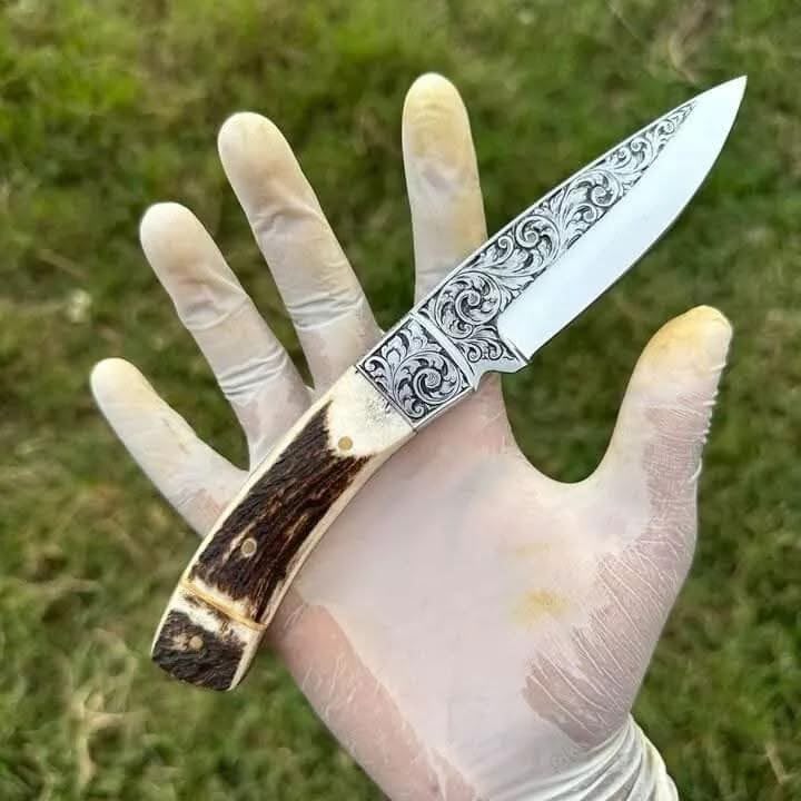 Scroll-Engraved Stag Drop Point Knife with Matching Bolster