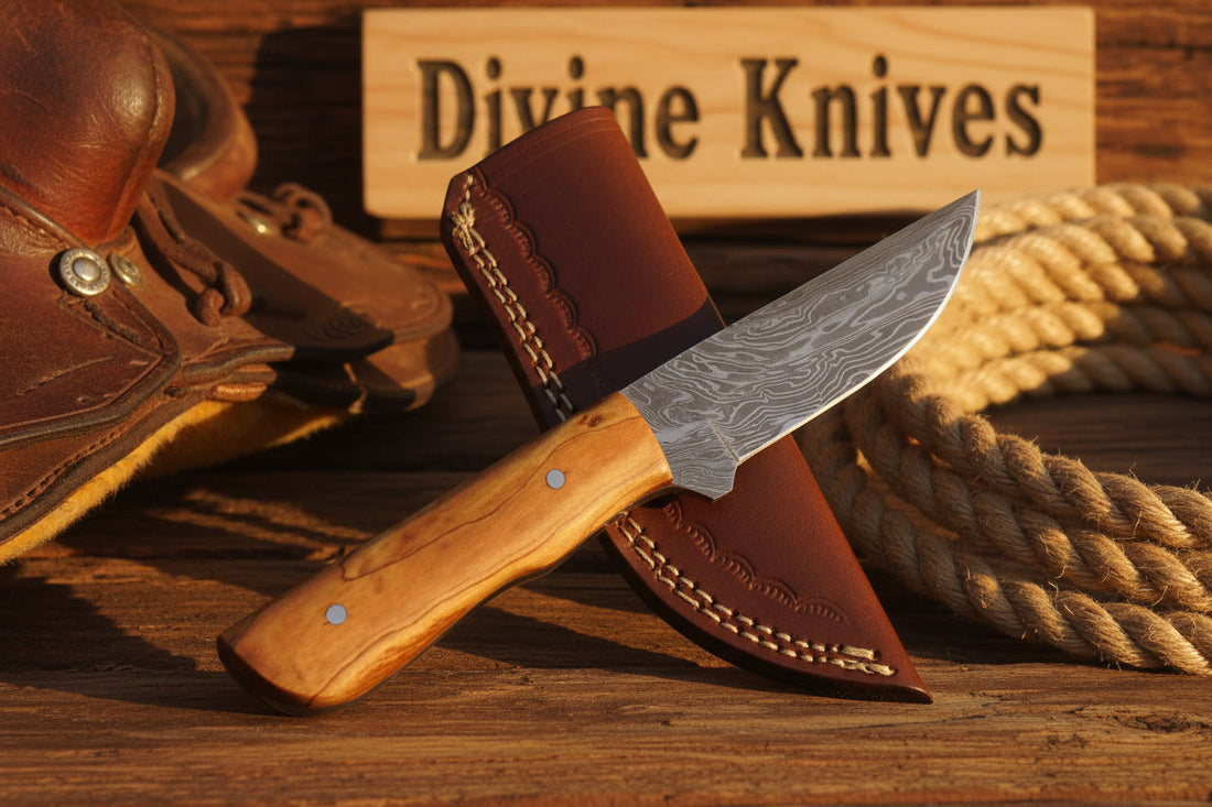 Natural Olive Wood Damascus Knife with Included Leather Sheath