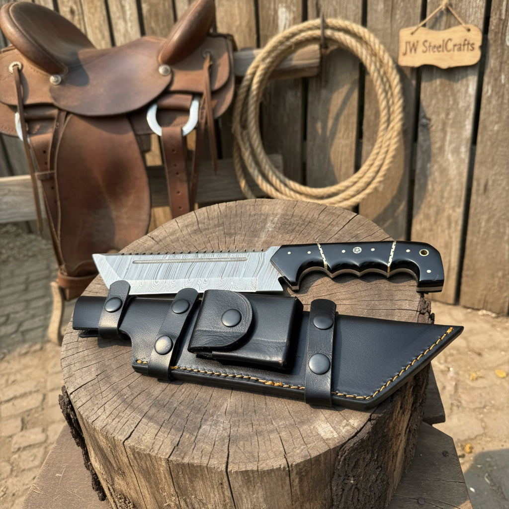 Handmade Damascus Tracker Knife 12” Sawback Blade Survival Knife Black resin Handle &amp; Sheath