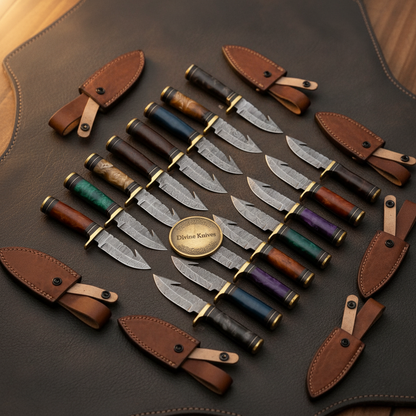 Damascus Gut Hook Skinner Lot with Assorted Color Handles