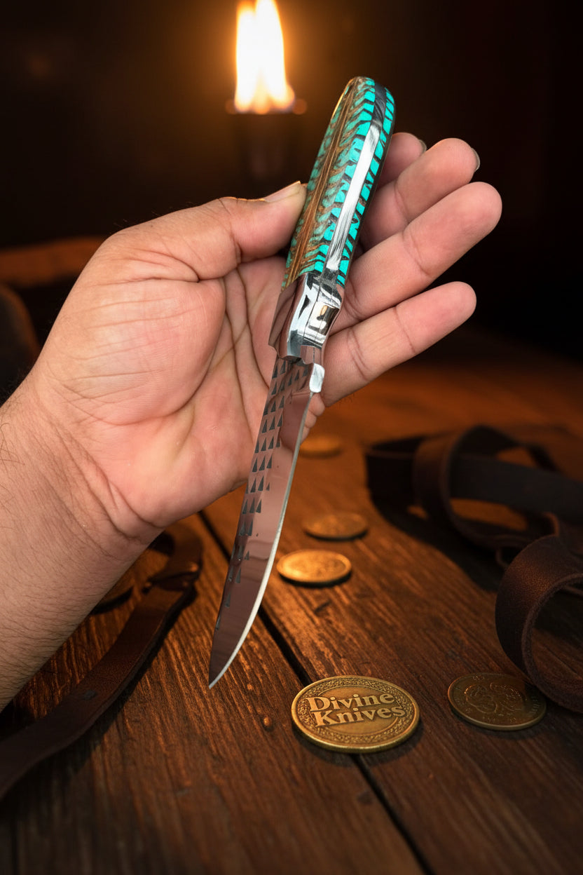 Emerald Pinecone Ranch Skinner Knife with Carved Wood Handle