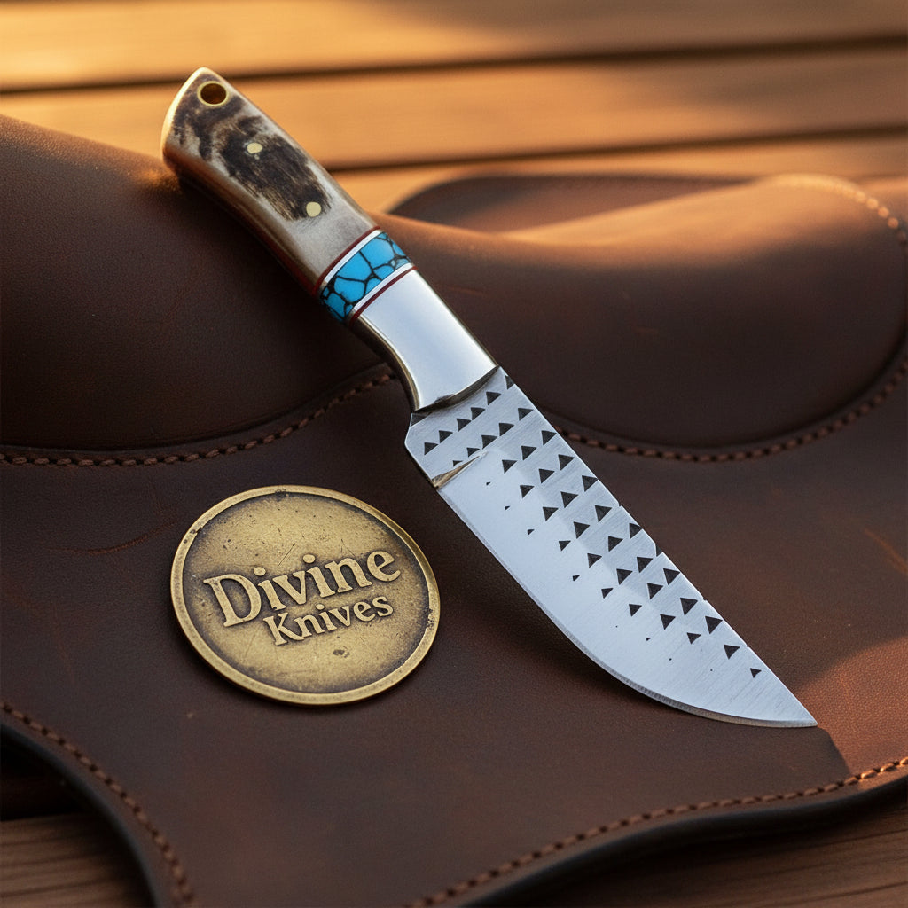 Antler Turquoise Rasp Cowboy Belt Knife with Etched Blade