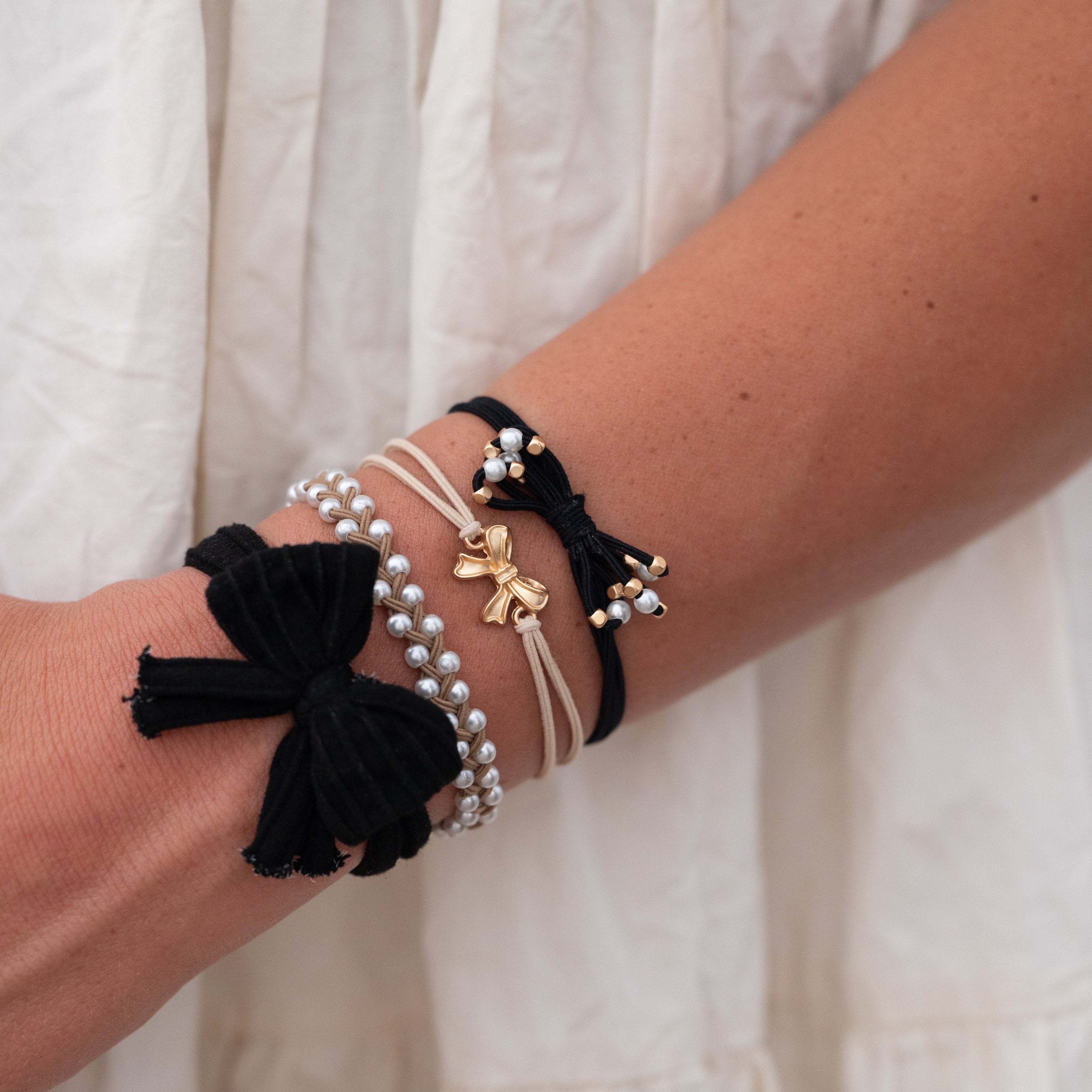 "Harmony" Pearls &amp; Bows in Black &amp; Cream Hair Tie Bracelets