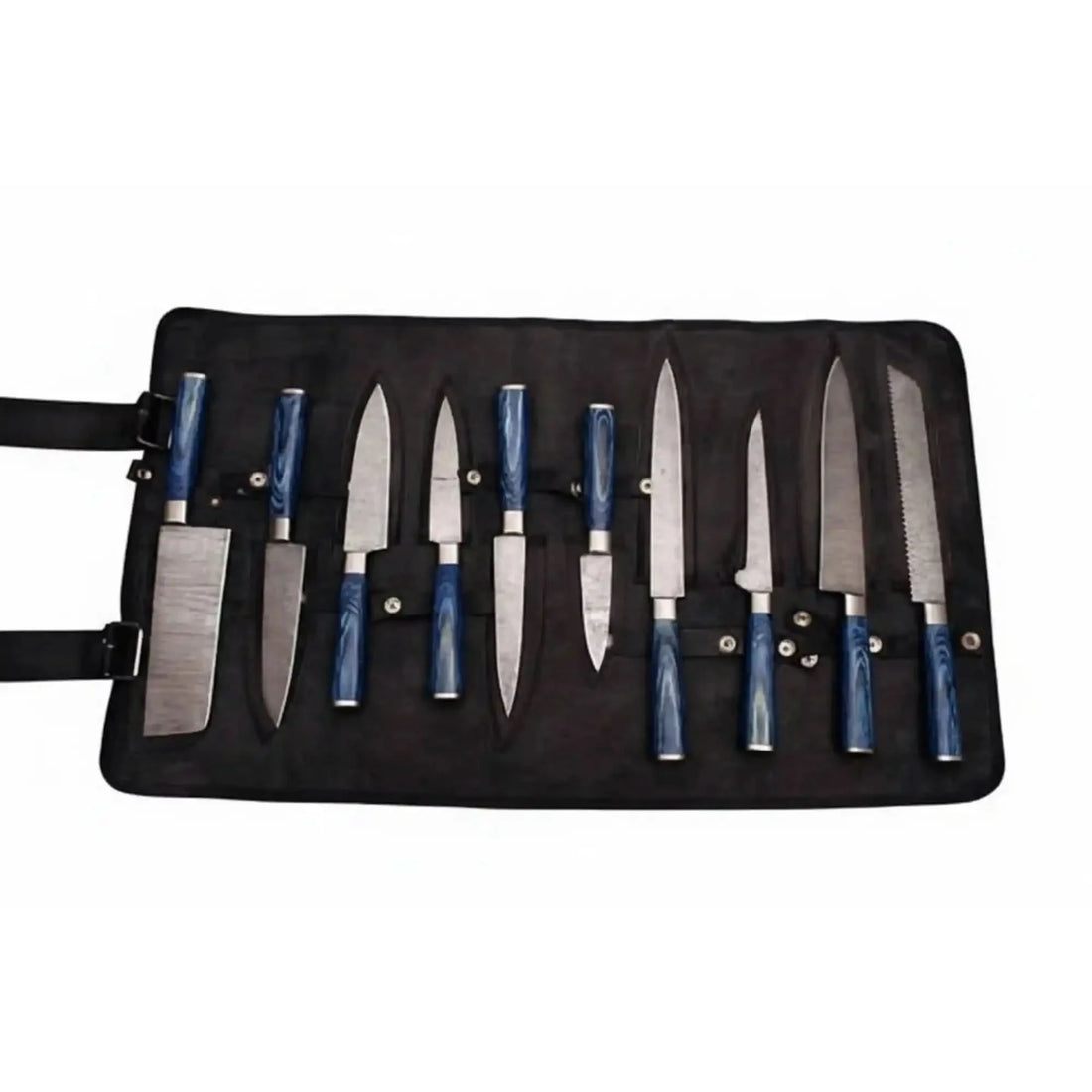 10-Piece Handmade Damascus Kitchen Knife Set – Blue Pakkawood Handles | Chef, Santoku, Cleaver, Bread, Slicing, Boning, Utility &amp; Paring