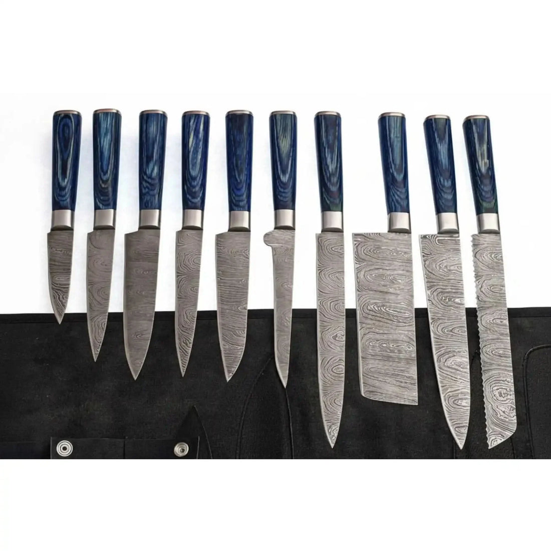 10-Piece Handmade Damascus Kitchen Knife Set – Blue Pakkawood Handles | Chef, Santoku, Cleaver, Bread, Slicing, Boning, Utility &amp; Paring