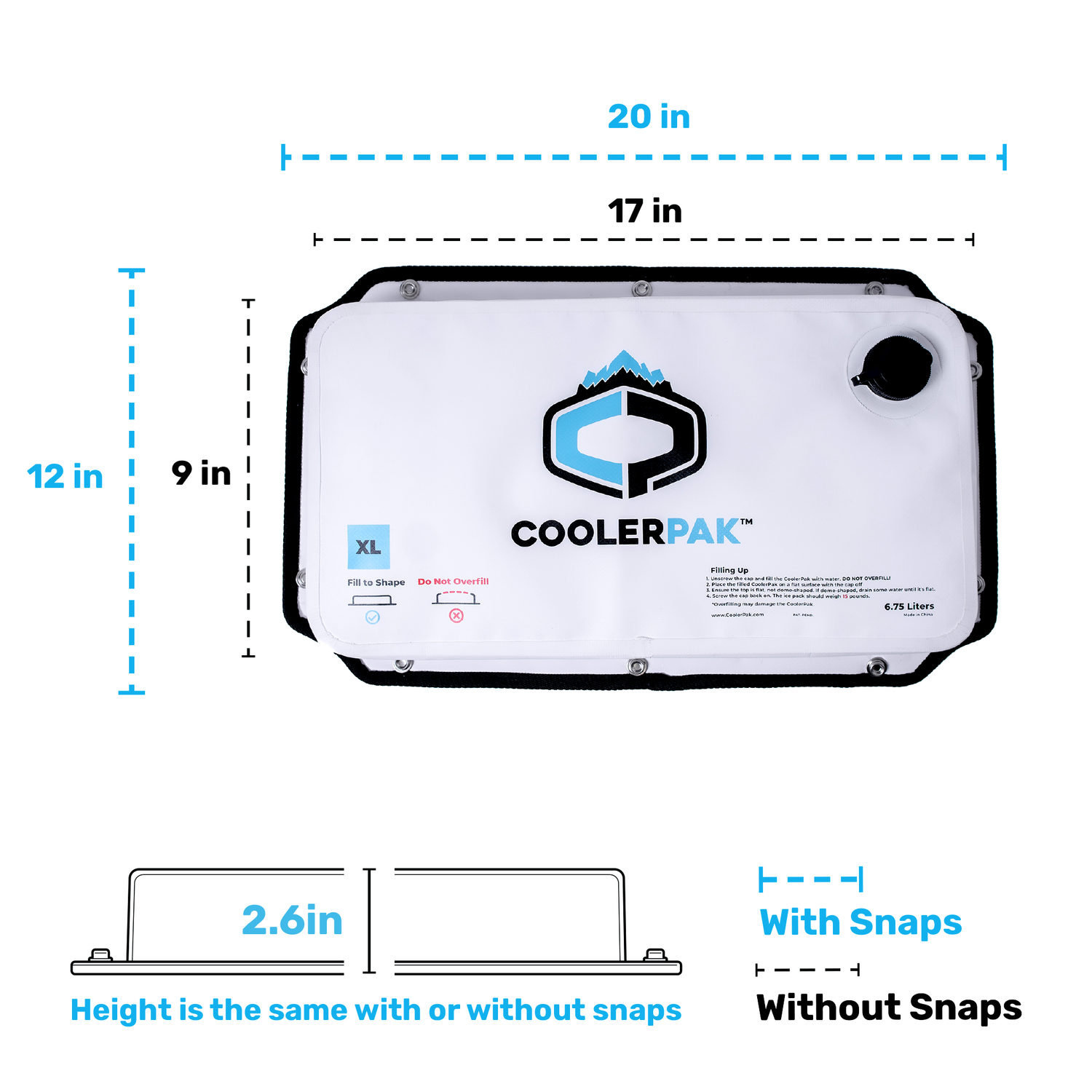CoolerPak 15lb Ice Pack -Refillable Reusable  – Cold for Days – Non-Toxic, Leakproof, Potable Drinking Water Safe – Built Tough, Rolls Up for Storage