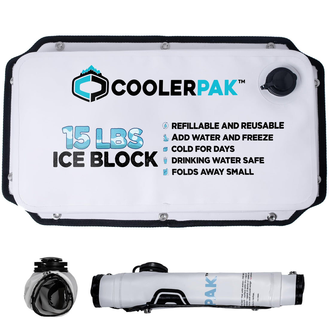CoolerPak 15lb Ice Pack -Refillable Reusable  – Cold for Days – Non-Toxic, Leakproof, Potable Drinking Water Safe – Built Tough, Rolls Up for Storage
