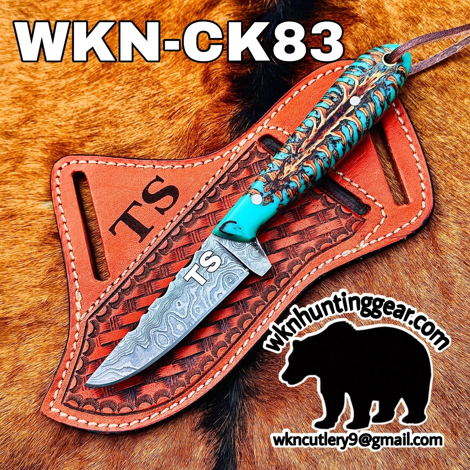 Turquoise Stag Resin Drop Point Knife with Twist Pattern Blade for Hunters and Outdoor Users