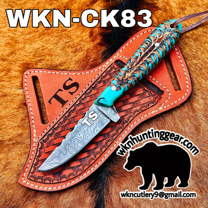 Turquoise Stag Resin Drop Point Knife with Twist Pattern Blade for Hunters and Outdoor Users
