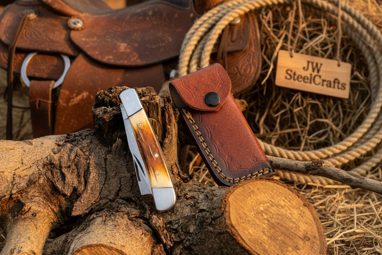 Razor Trapper Knife with Burned Bone Handle and Steel Bolsters