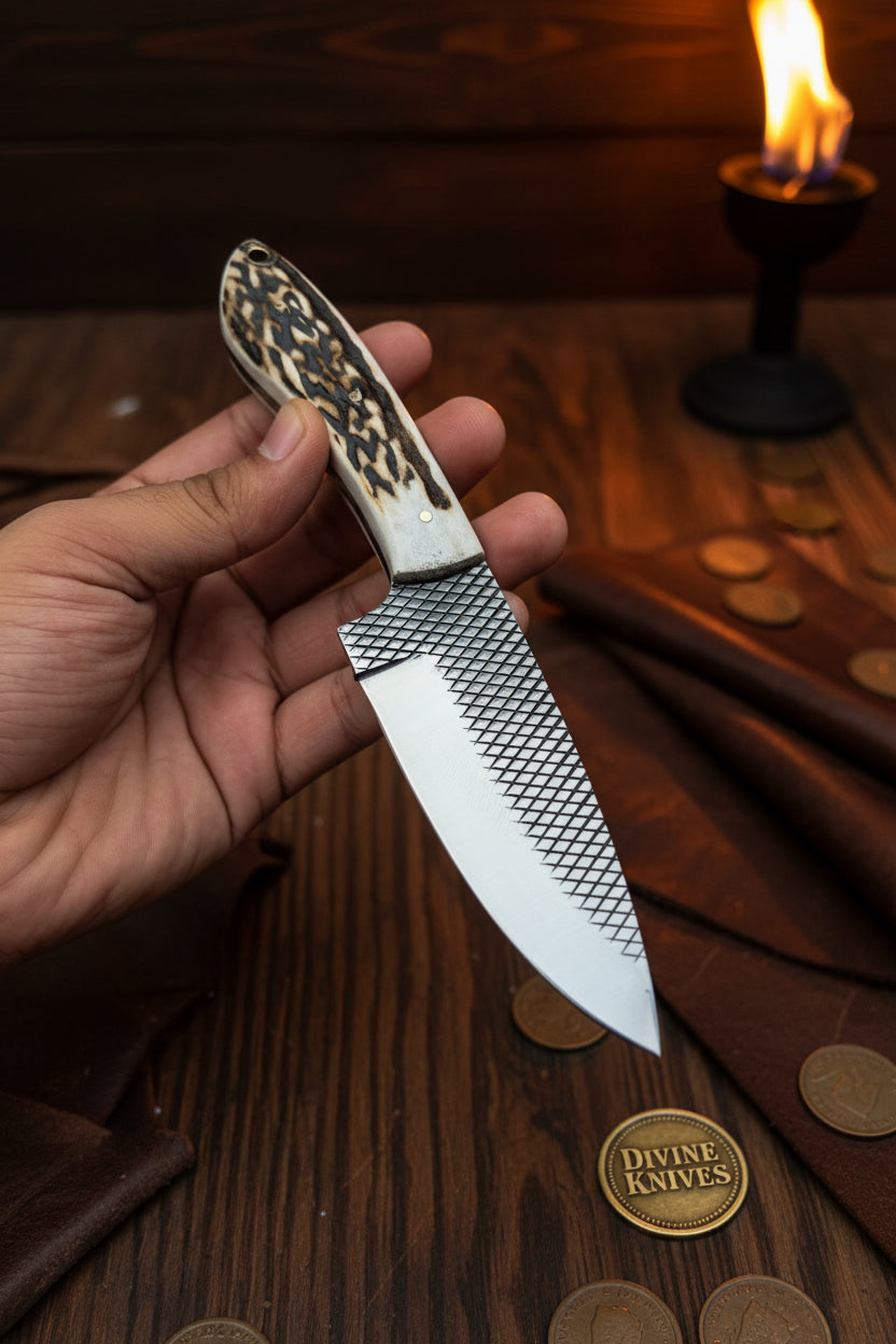 Stag Horn Rasp Skinner Knife with Included Tooled Sheath