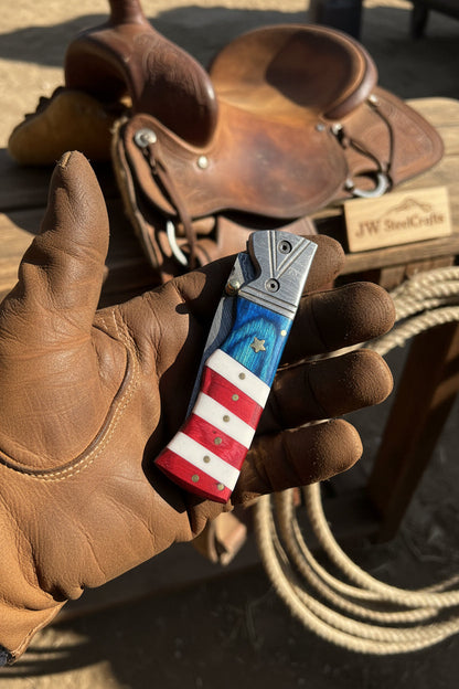 Patriot Damascus Folding Knife 7” opened – American Flag Handle with Leather Sheath