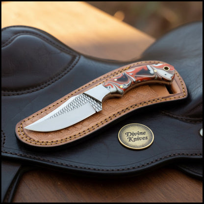 Orange Marble Resin Cowboy Belt Knife with Rasp-Style Blade