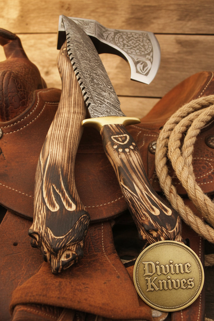 Bone Accent Damascus Bowie Knife with Brass Guard