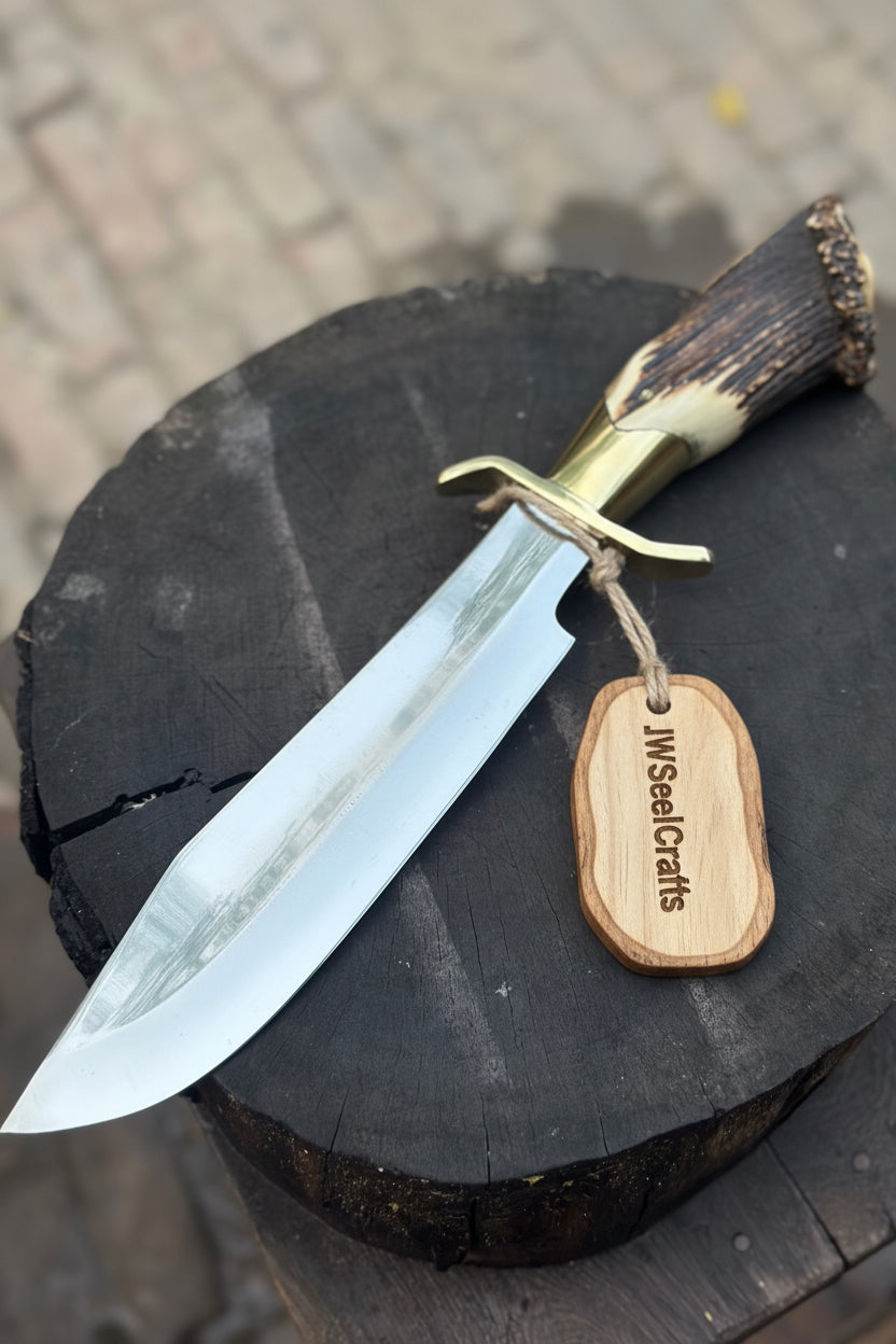 Handmade Carbon Steel Hunting Knife with Stag Horn Handle &amp; Leather Sheath