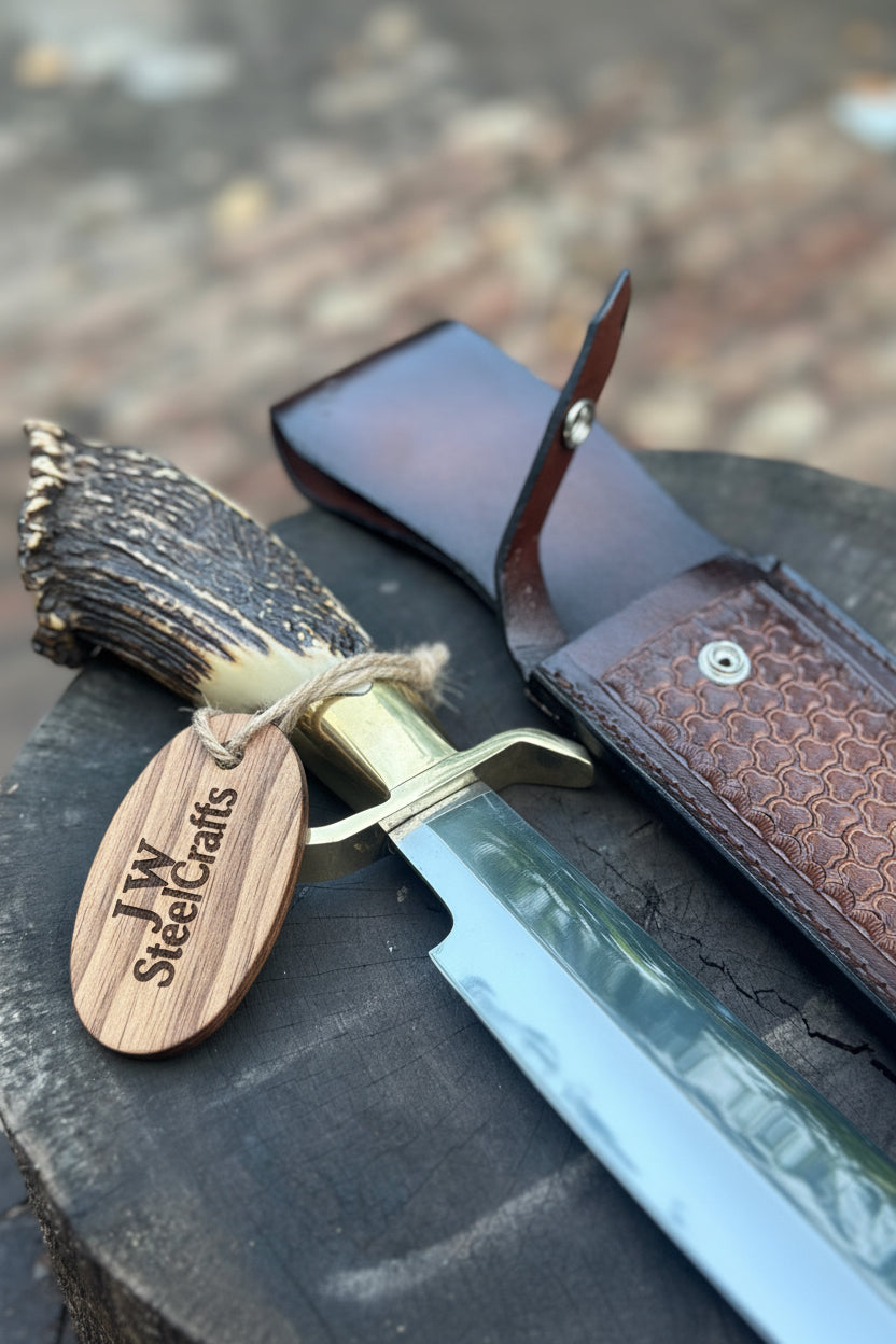 Handmade Carbon Steel Hunting Knife with Stag Horn Handle &amp; Leather Sheath