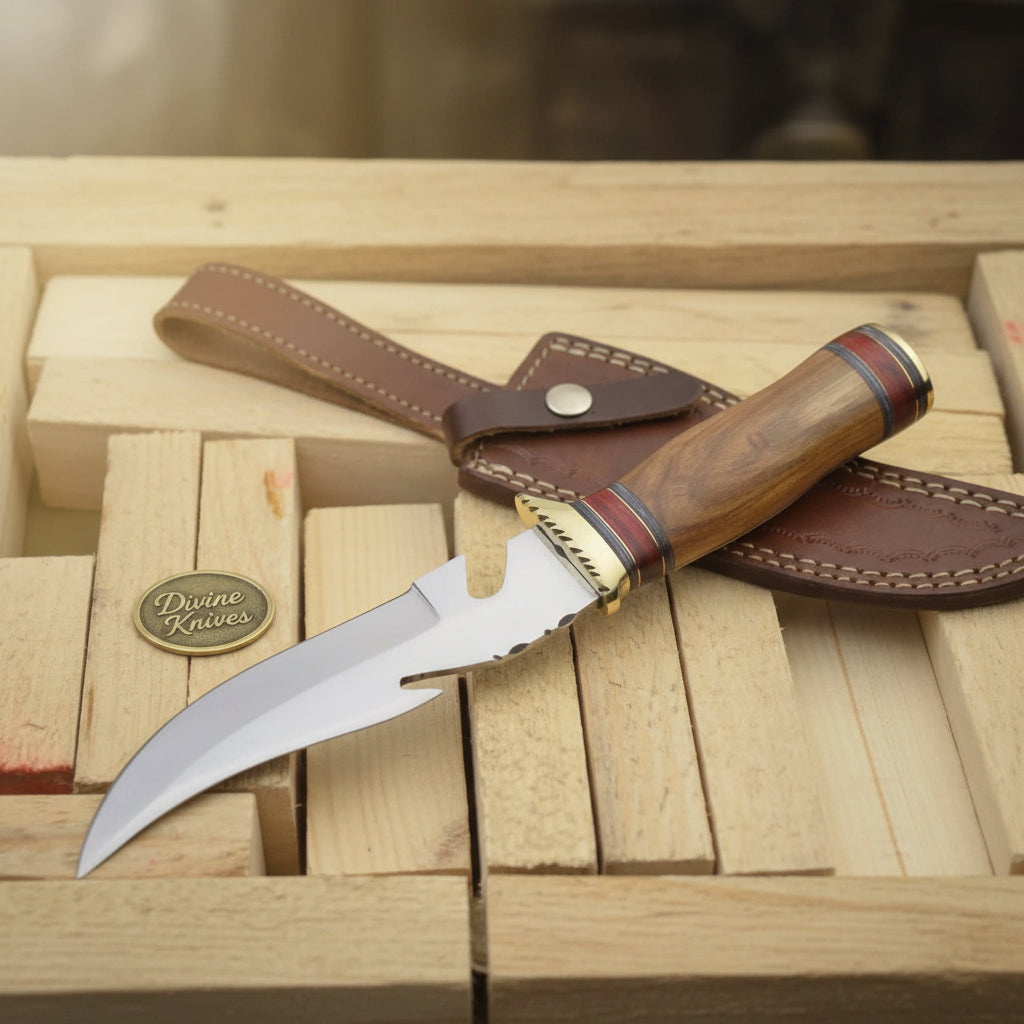 Brass Guard Damascus Gut Hook Knife with Multi Ring Wood Handle