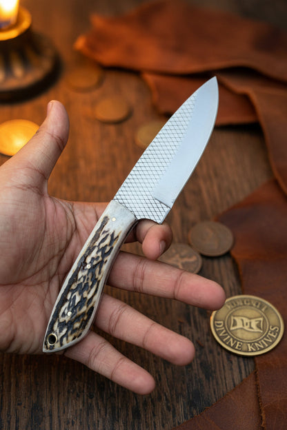 Stag Horn Rasp Skinner Knife with Included Tooled Sheath