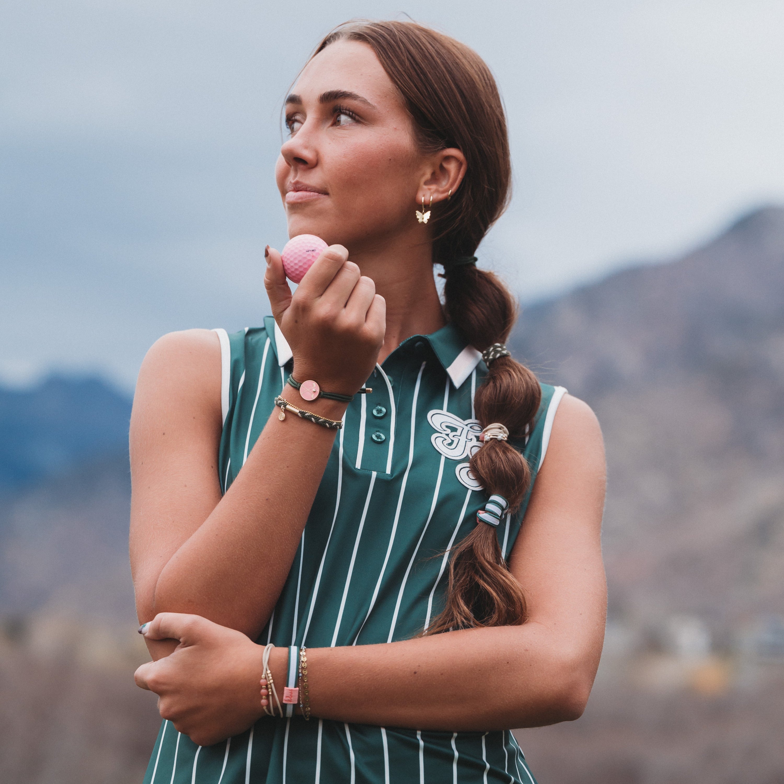 "Tee Time" Green &amp; Pink Hair Tie Bracelets with Removable Ball Marker