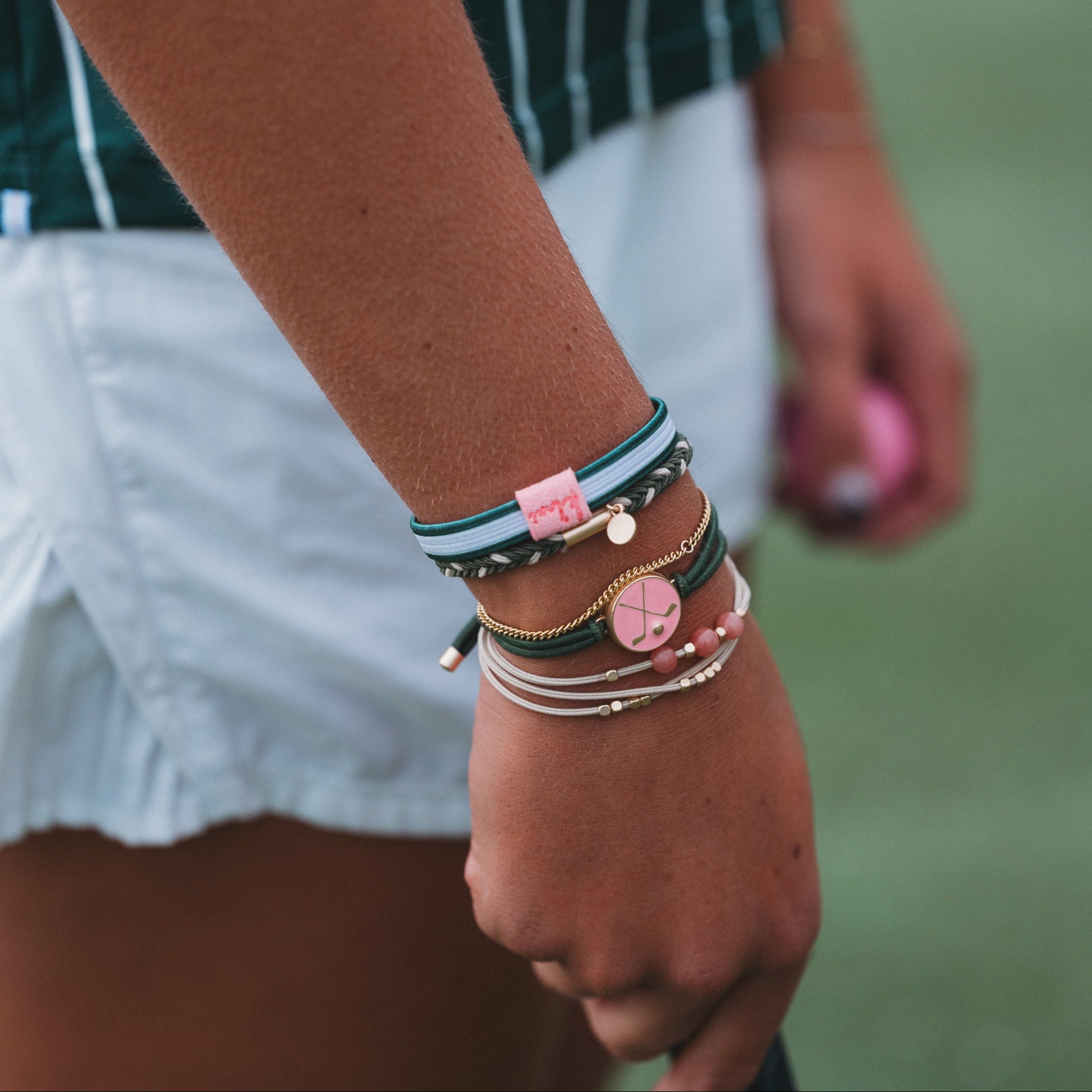 "Tee Time" Green &amp; Pink Hair Tie Bracelets with Removable Ball Marker
