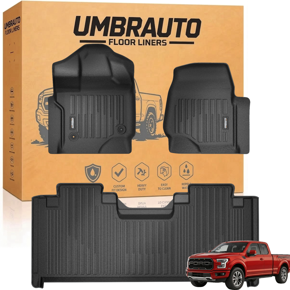 Umbrauto Custom Fit Floor Mats for Ford F150 SuperCab (Extended Cab) 2015-2025 2026 (Not for SuperCrew Cab), All Weather TPE Automotive Pickup Truck Liners for Front &amp; Rear Row